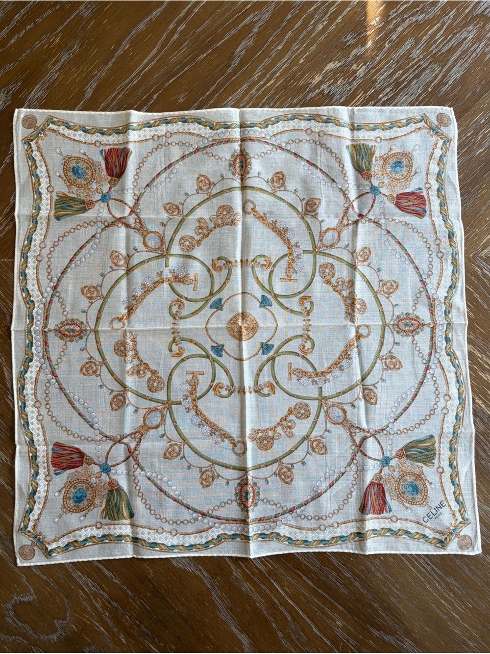 Celine White Cotton Scarf Scarves Pocket Square 18” x 18” Hand Rolled